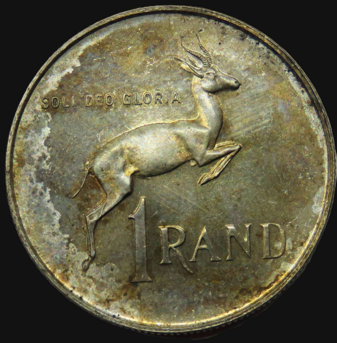 1965 Union of South Africa Silver R1 Proof (English legend) Lovely abstract toning