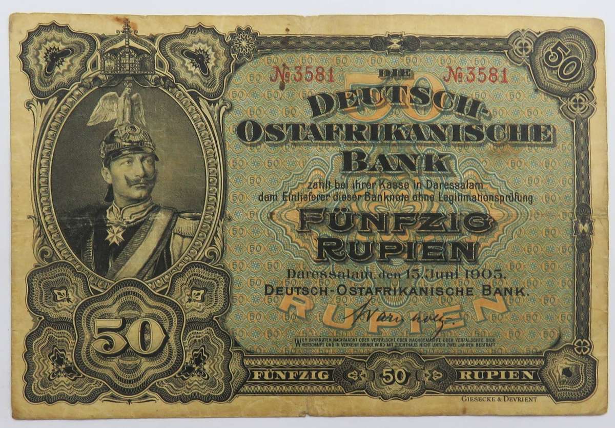 German East Africa Deutsch-Ostafrikanische Bank 50 Rupien 15.6.1905 Pick 3a(SERIAL NO on Face ONLY)
