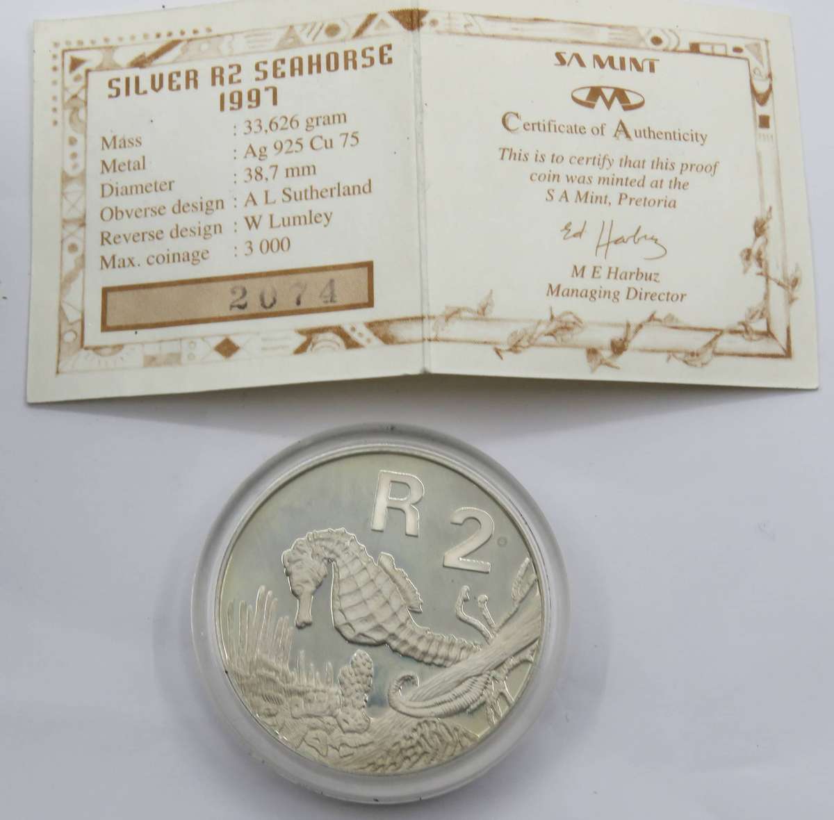 1997 Marine Series "SEA HORSE" Silver R2 Sterling 1 Ounce  proof as issued in SA Mint box with COA