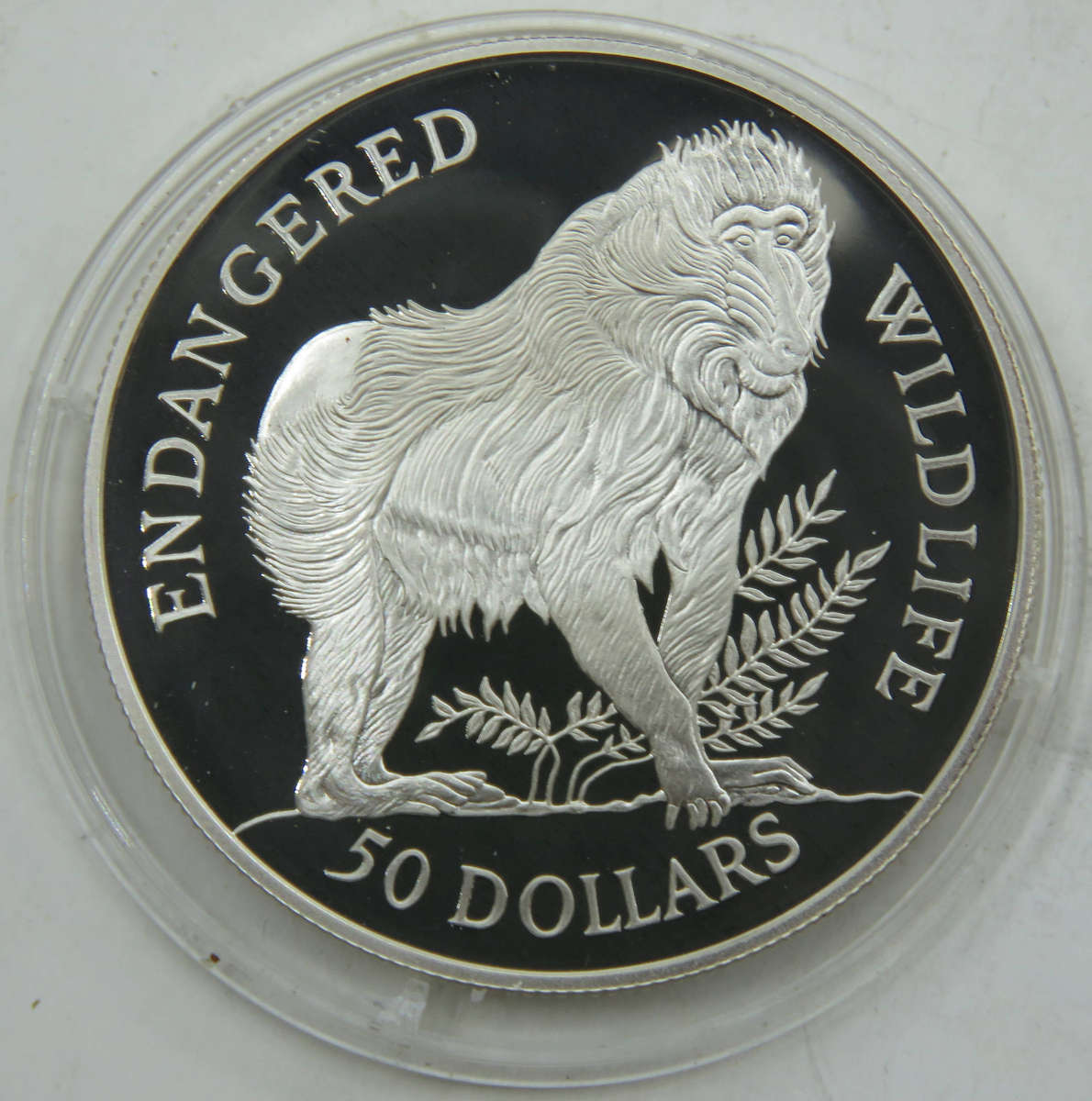 1992 Cook Islands 50 Dollars Silver 925 Proof Cameo "Endangered Wildlife-Mandrill "-Flawless