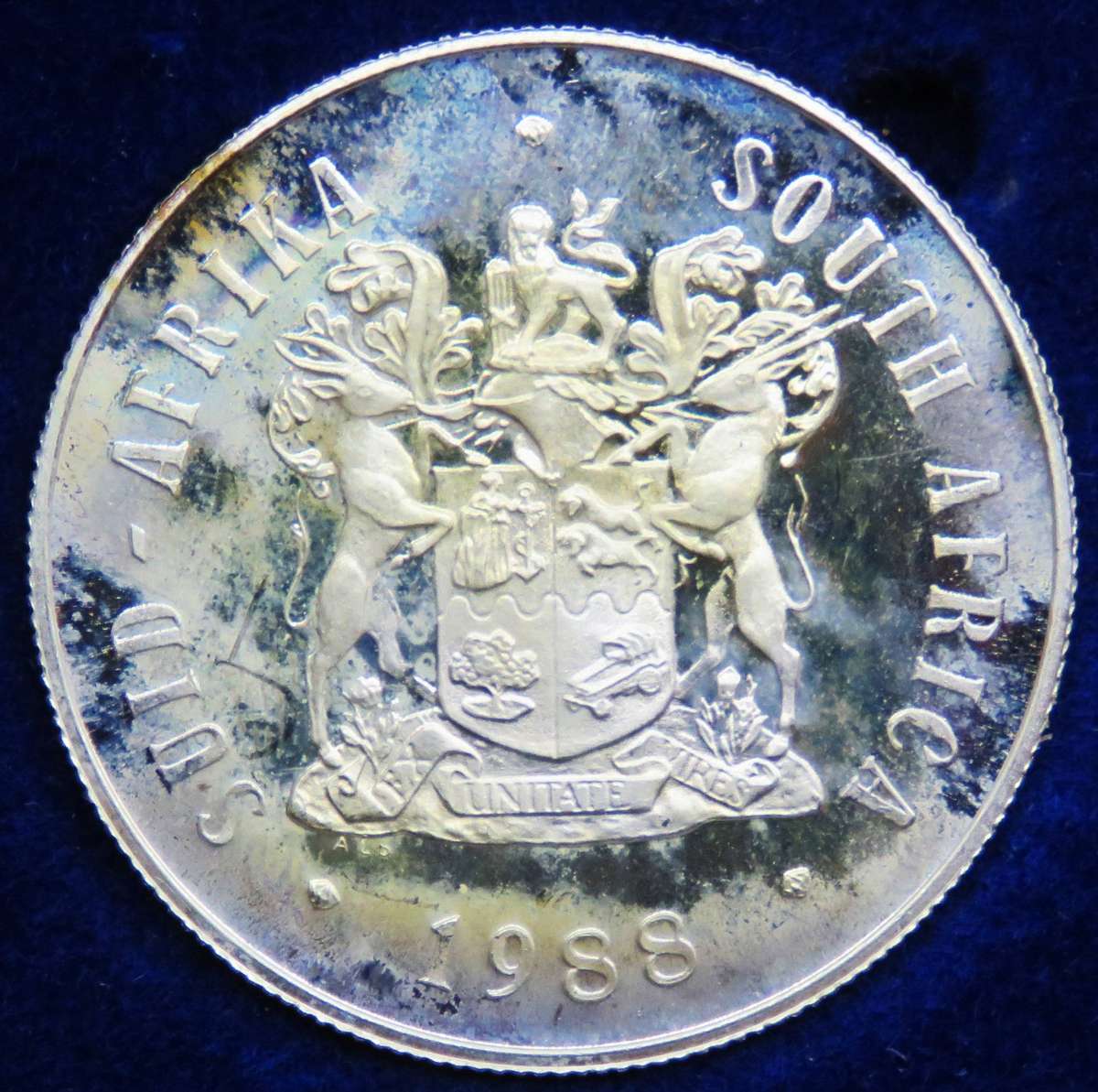1988 Protea Silver  R1 "DIAS 1488-1988" in SAM Box spectacular toning