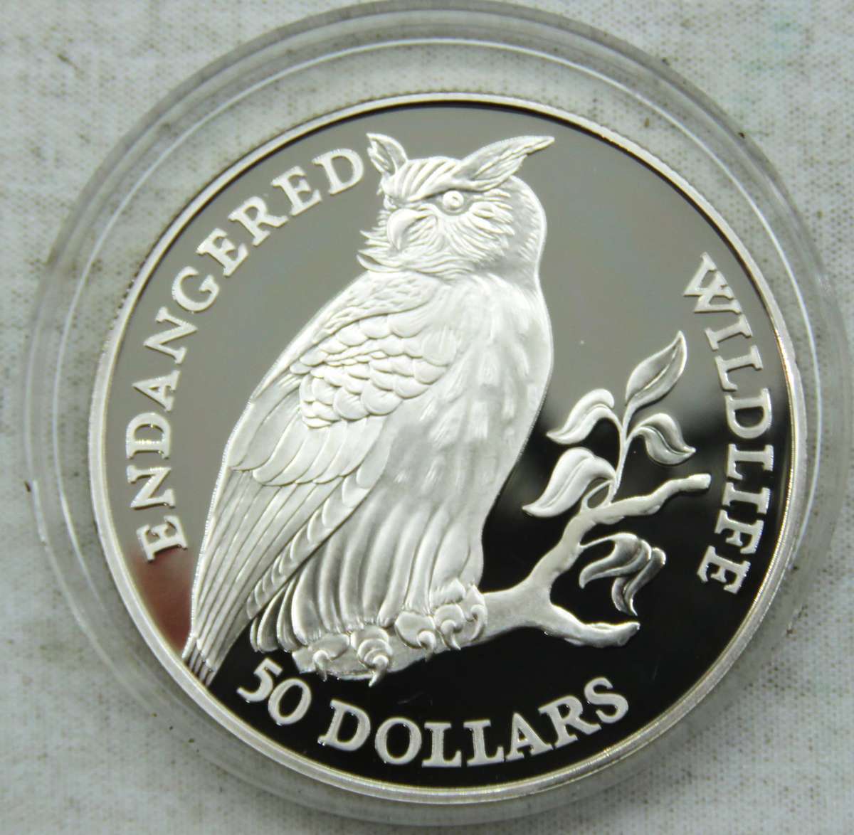 1991 Cook Islands 50 Dollars Silver 925 Proof Cameo "Endangered Wildlife-Owl"-Flawless