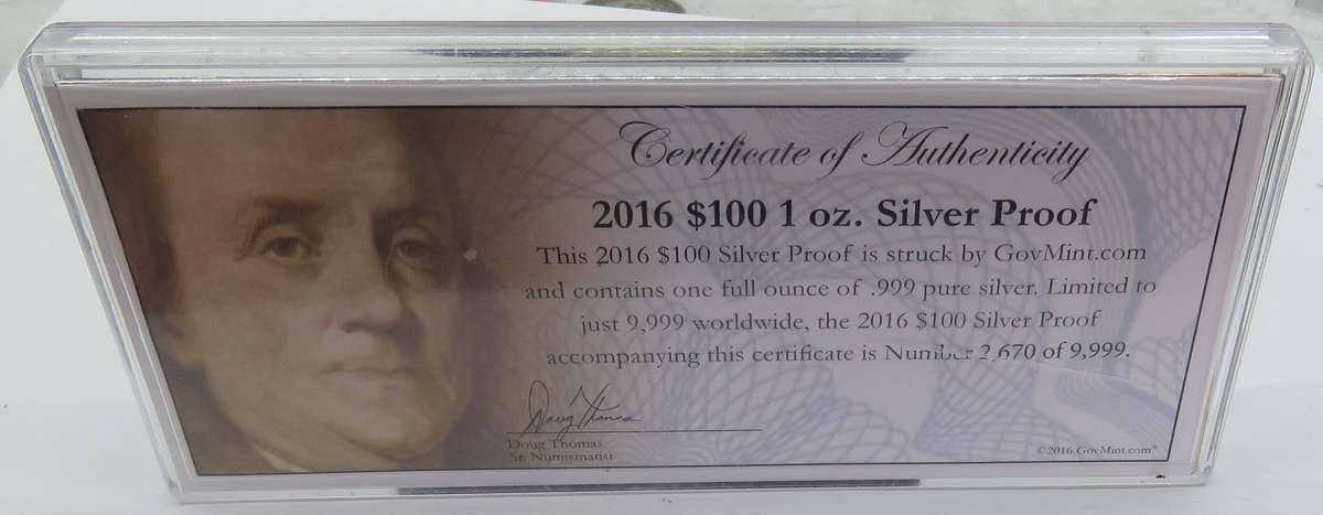 2016 USA $100 Silver 1 Ounce 999 Proof in Plastic box of issue +COA