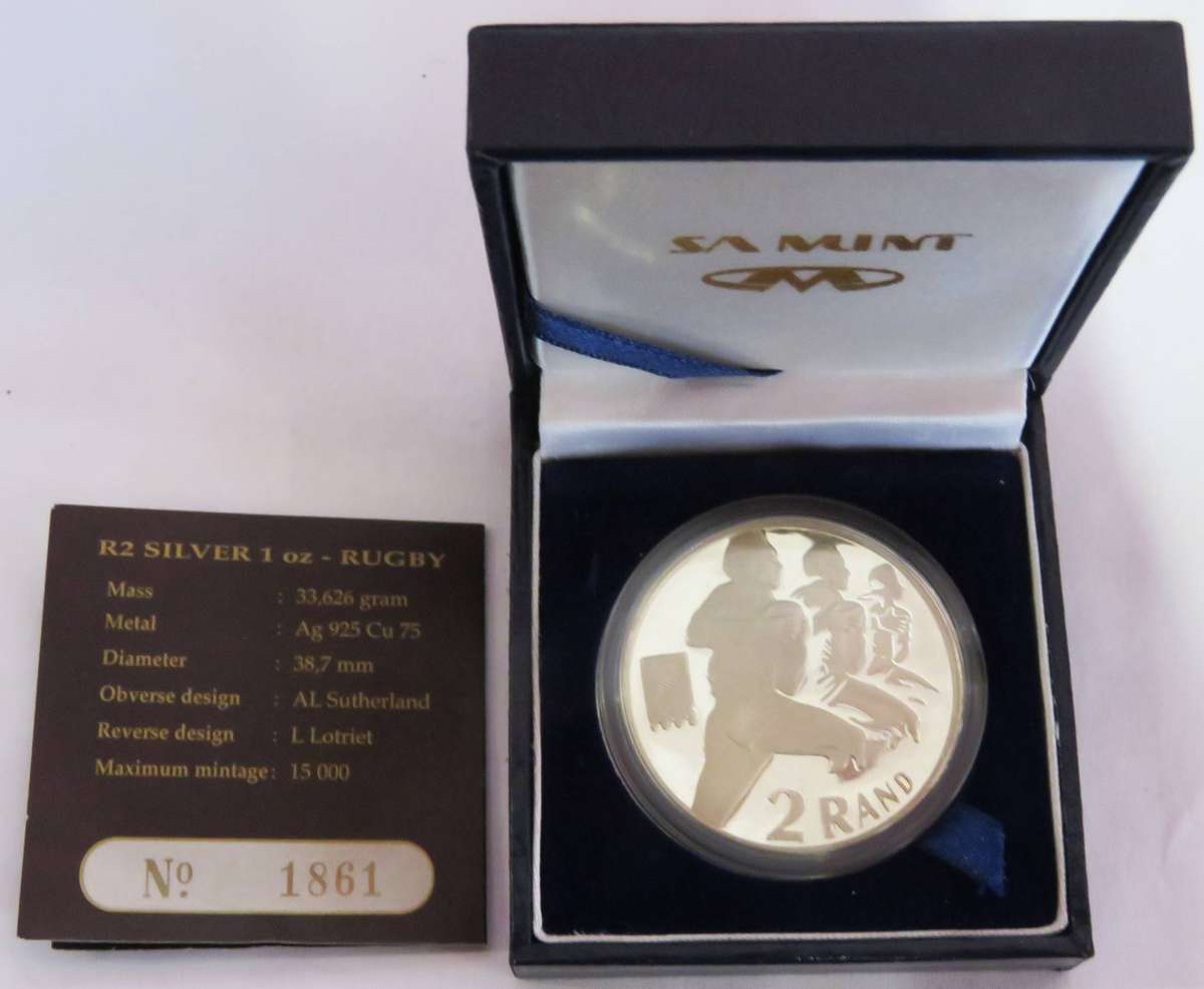 1995 1 Ounce  Silver Proof  R2 RUGBY in SAM BOX with COA-33.62 Grams 925 silver