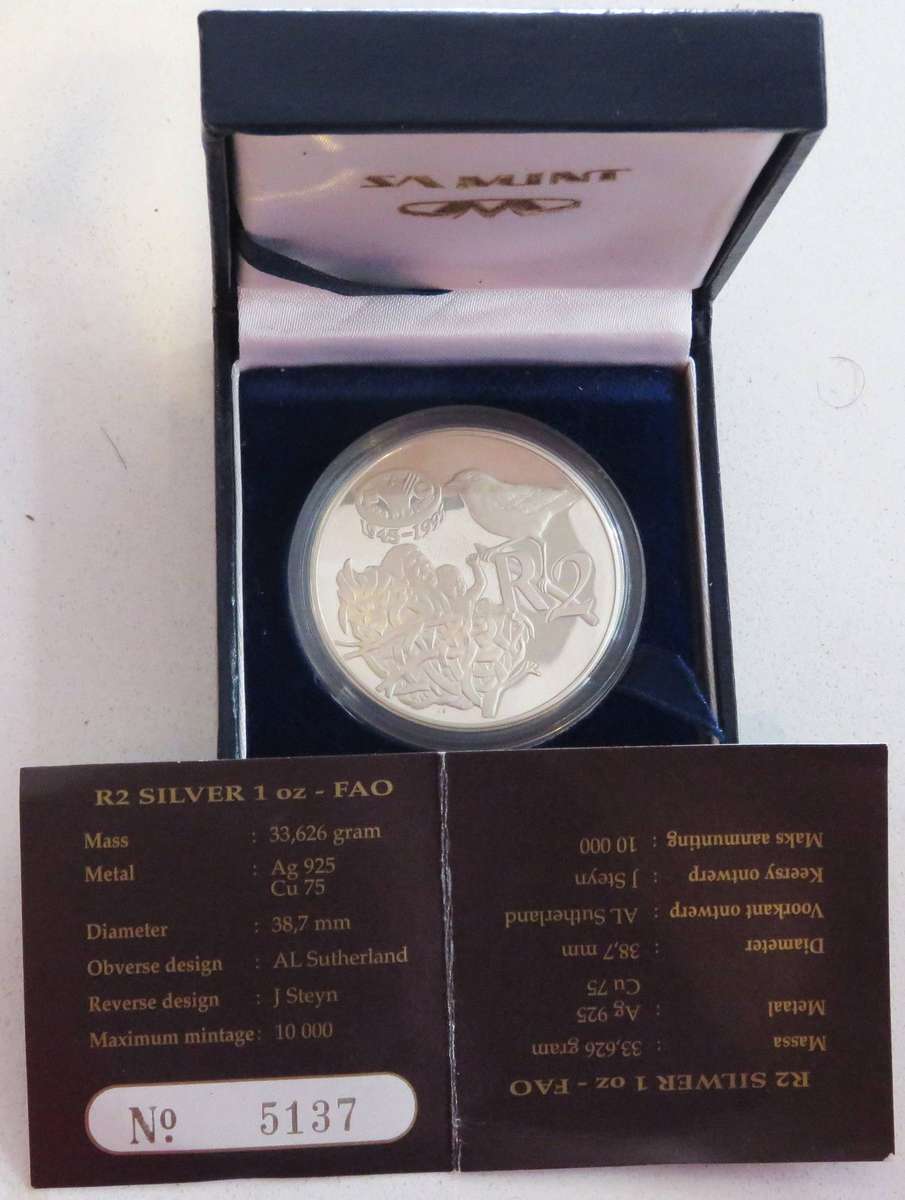 1995 1 Ounce  Silver Proof  R2 FAO in SAM BOX with COA-33.62 Grams 925 silver