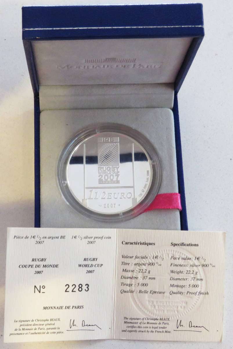 2007 RUGBY WORLD CUP  1 1/2 EURO SILVER Proof in original box and with COA