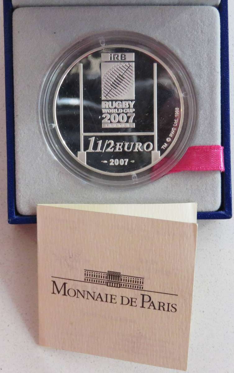 2007 RUGBY WORLD CUP  1 1/2 EURO SILVER Proof in original box and with COA