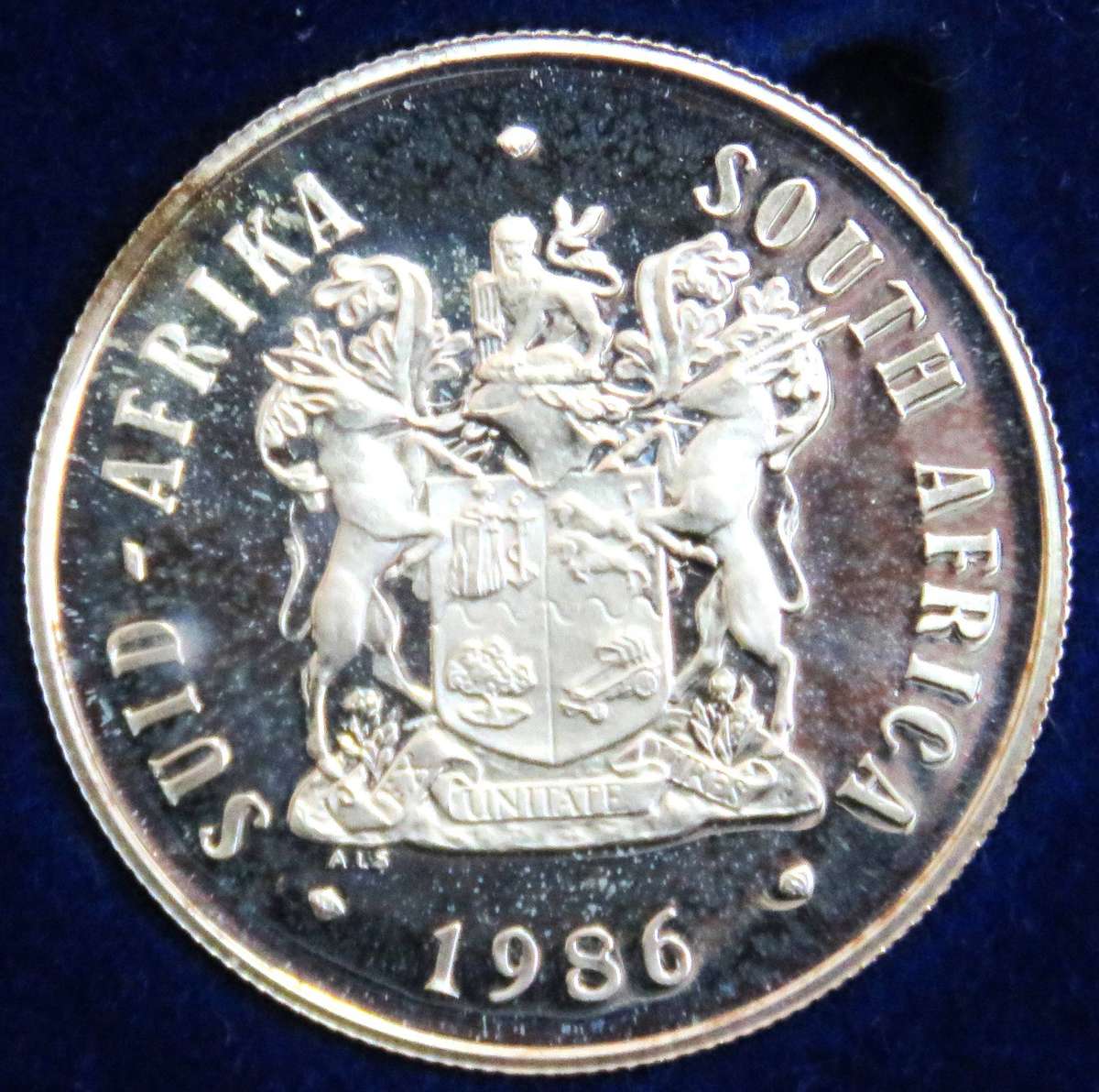 1986 Silver 1 Rand JOHANNESBURG proof in SAM box-Lovely toning
