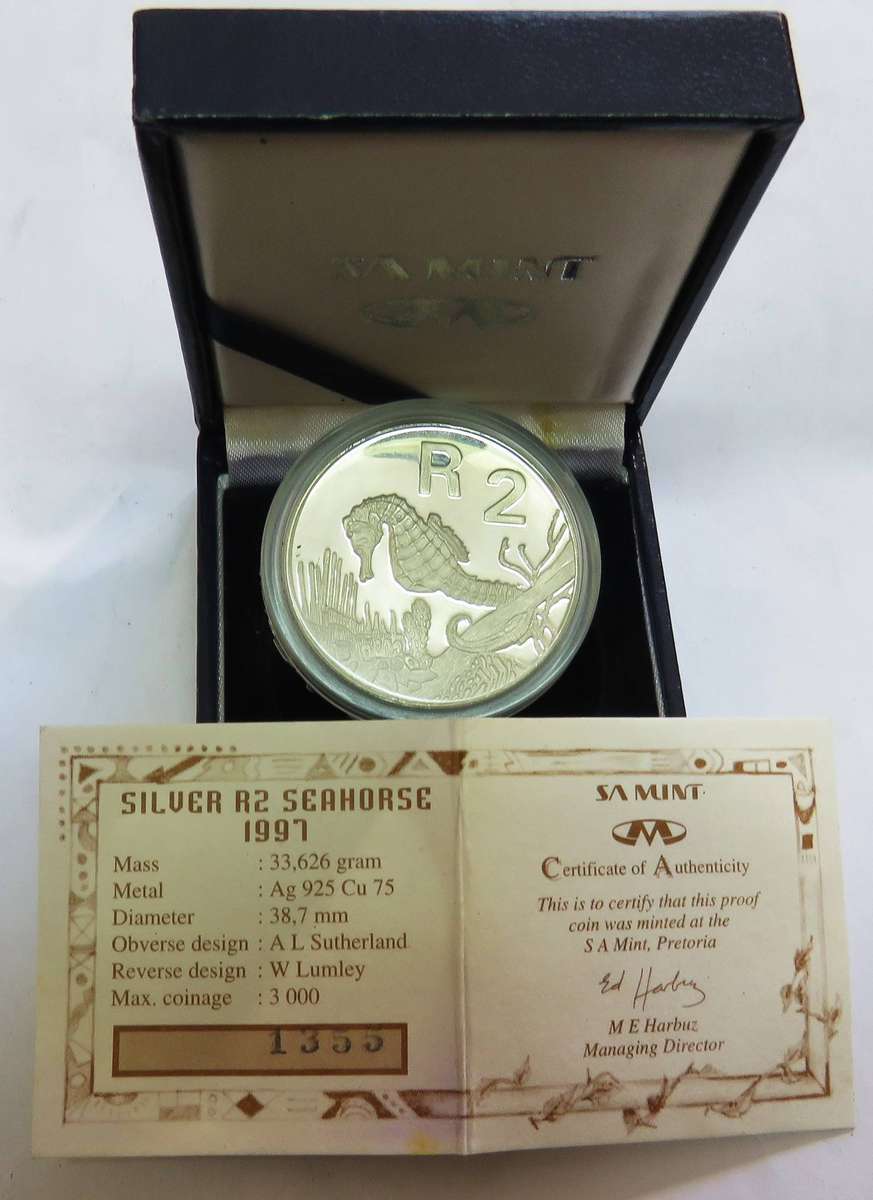 1997 1 Ounce  Silver Proof  R2 SEAHORSE in SAM BOX with COA-33.62 Grams 925 silver
