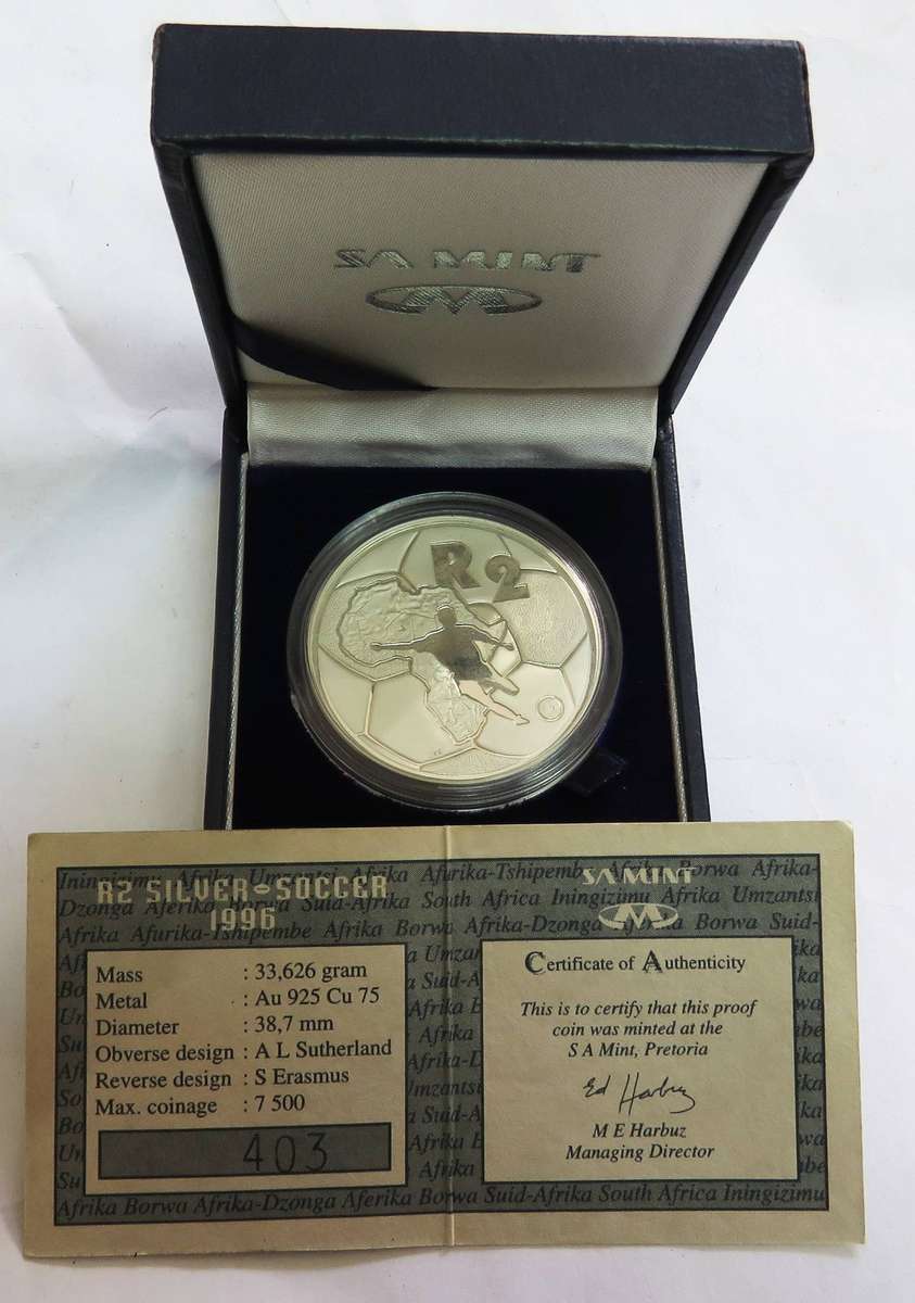 1996 1 Ounce  Silver Proof  R2 AFRICAN CUP OF NATIONS in SAM BOX with COA-33.6 Grams 925 silver