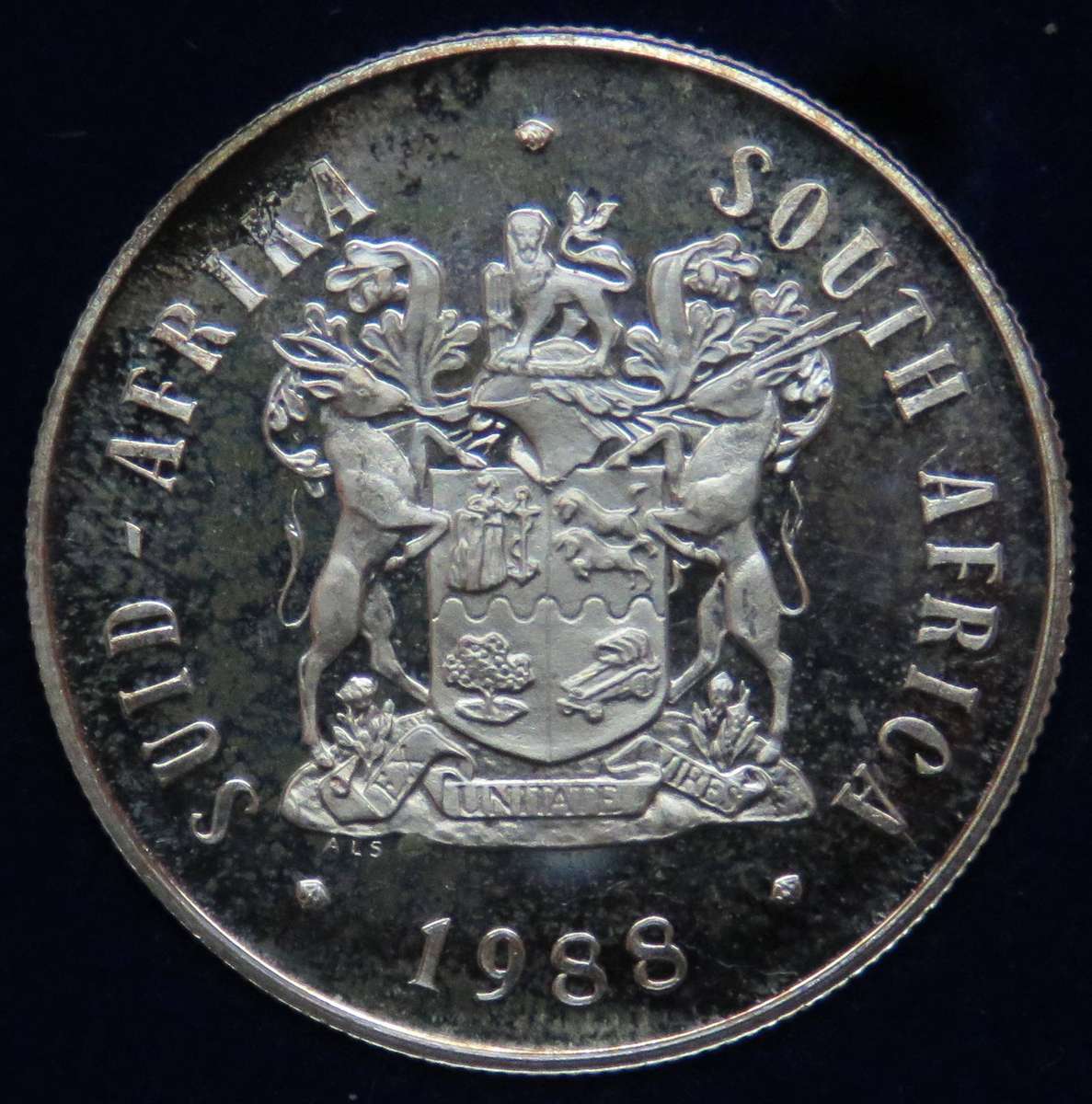 1988 Silver 1 Rand DIAS proof in SAM box-Lovely toning