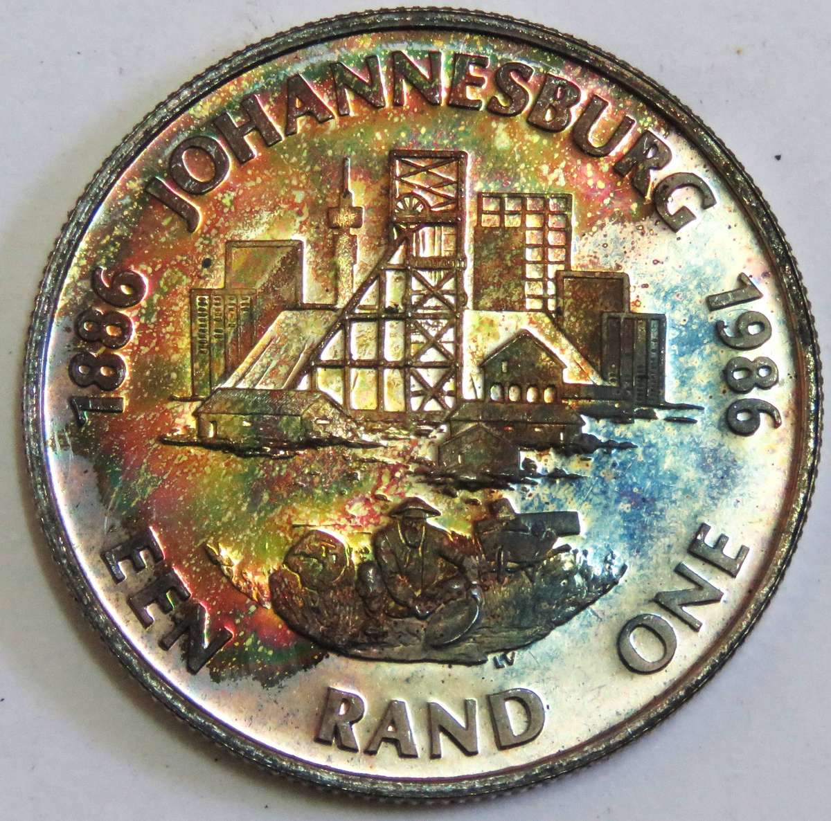 1986 Silver 1 Rand JOHANNESBURG proof in SAM box-Lovely toning