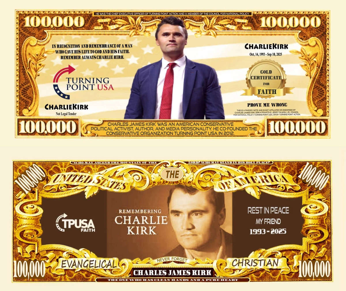 CHARLIE KIRK ONE HUNDRED THOUSAND DOLLAR NOVELTY NOTE