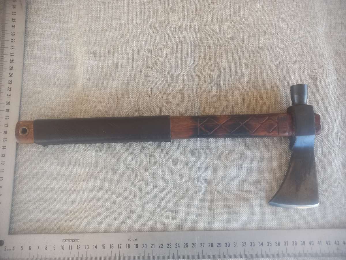 Axe - hand made - in a "Tomahawk" style / wooden shaft and leather hand grip