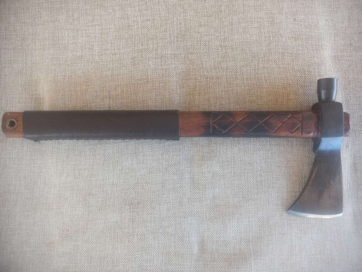 Axe - hand made - in a "Tomahawk" style / wooden shaft and leather hand grip