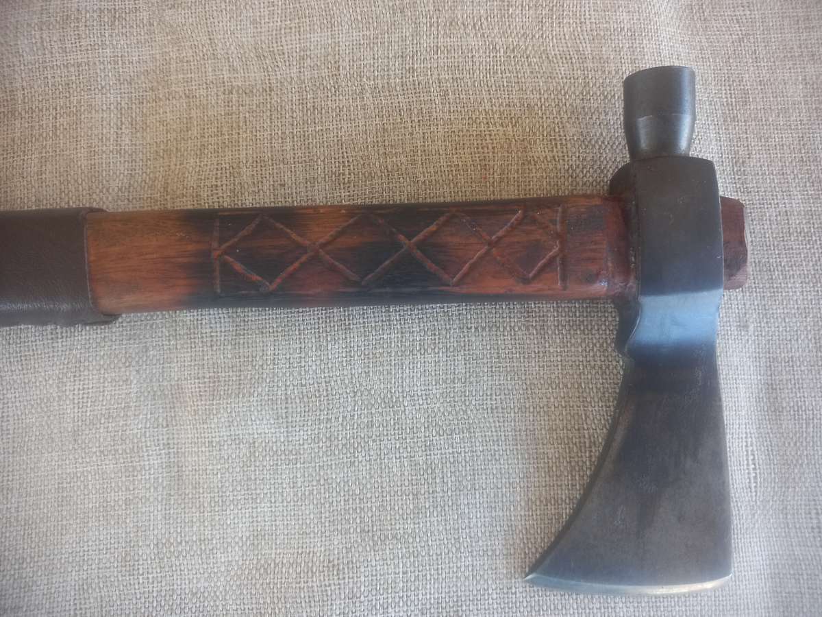 Axe - hand made - in a "Tomahawk" style / wooden shaft and leather hand grip
