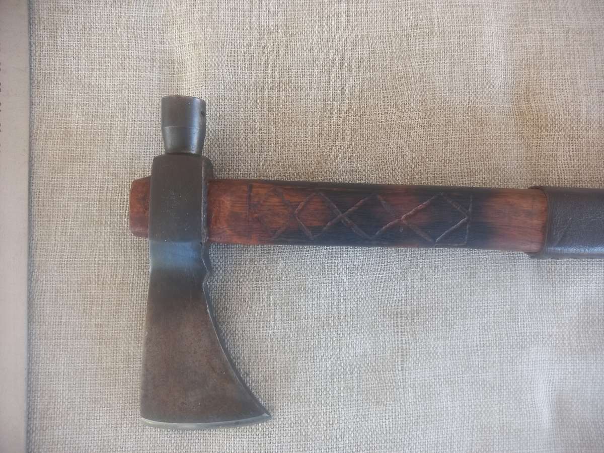 Axe - hand made - in a "Tomahawk" style / wooden shaft and leather hand grip
