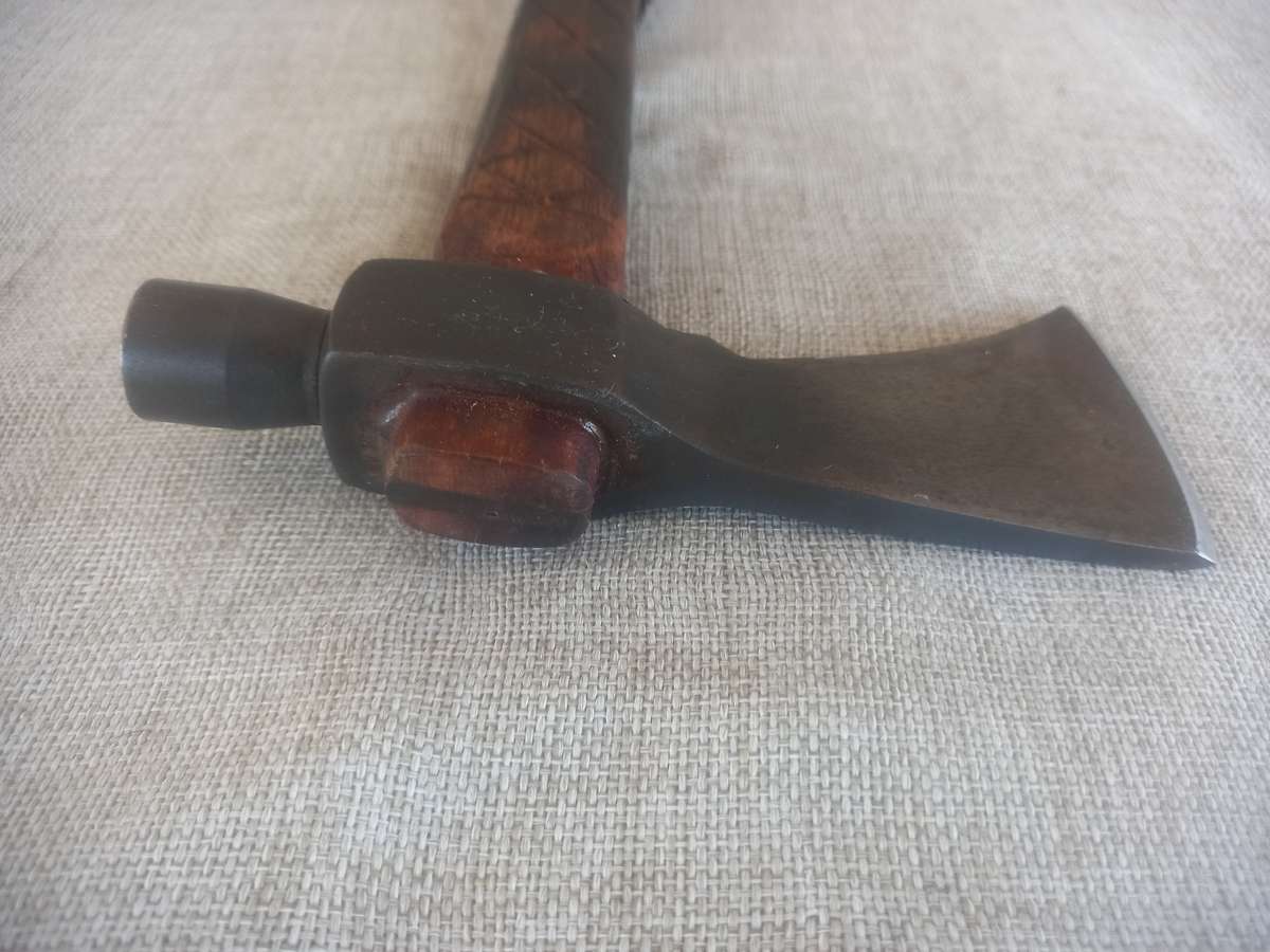 Axe - hand made - in a "Tomahawk" style / wooden shaft and leather hand grip