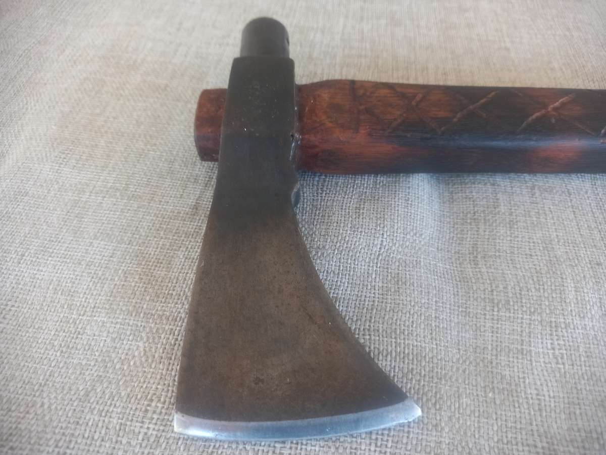 Axe - hand made - in a "Tomahawk" style / wooden shaft and leather hand grip