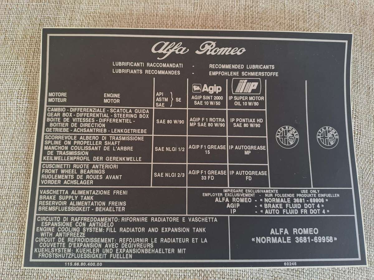 Alfa Romeo Recommended Lubricants vinyl sticker (60246)