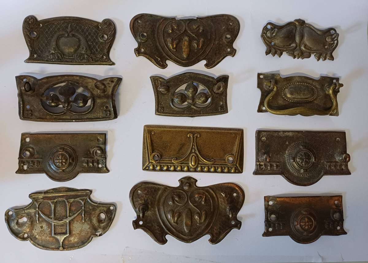 12 Antique Brass stamped drawer plates