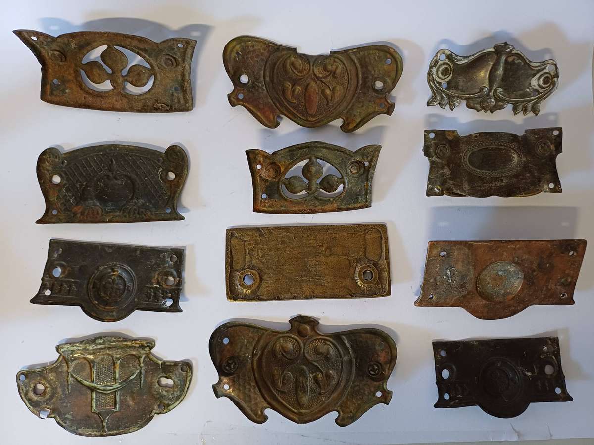 12 Antique Brass stamped drawer plates