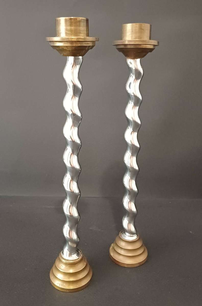 Solid Art Deco Style Spiral Candle Holders (Pair) - Brass & Chrome