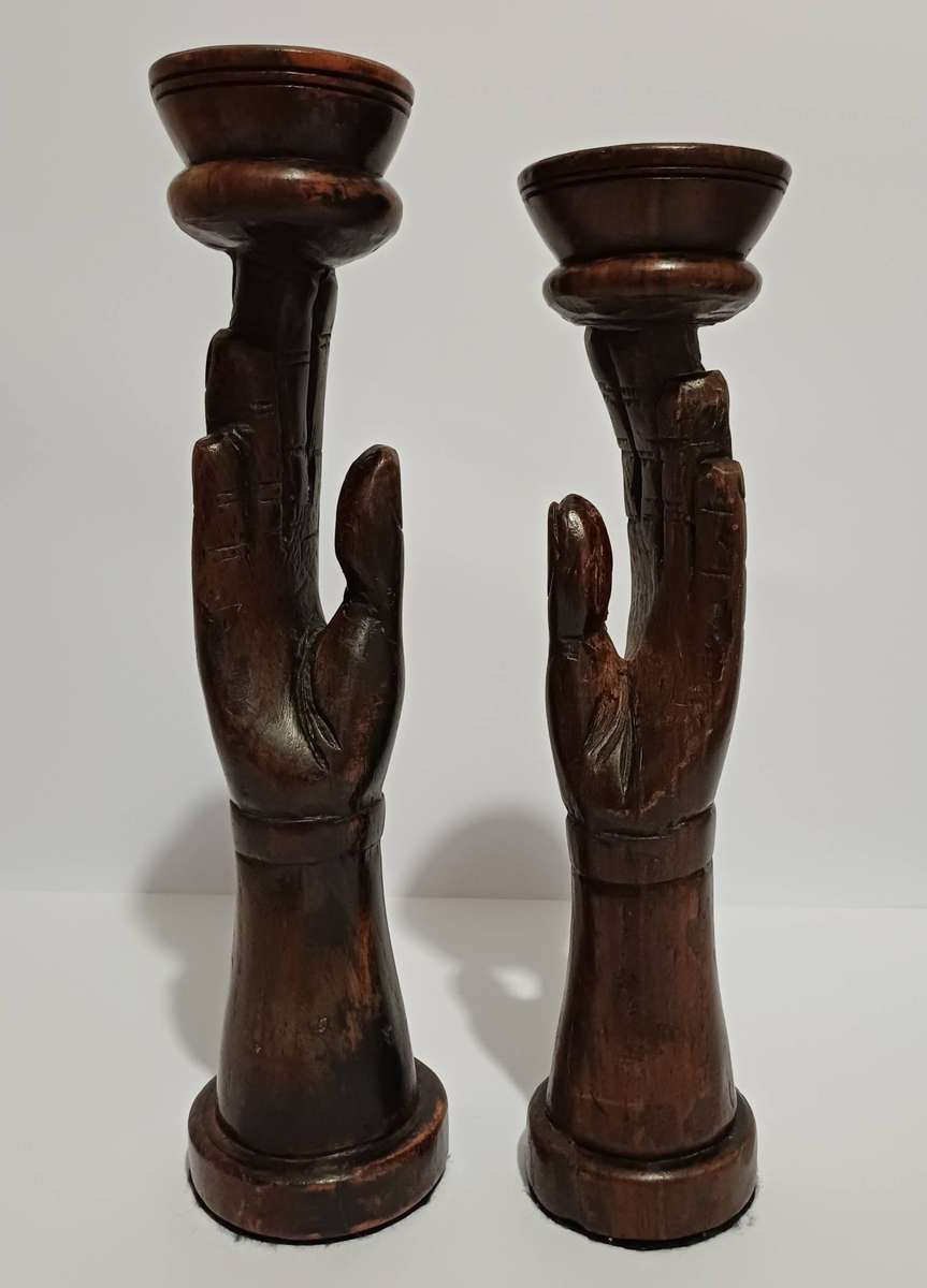 Hand-Carved African Wooden Candle Stands (Pair)