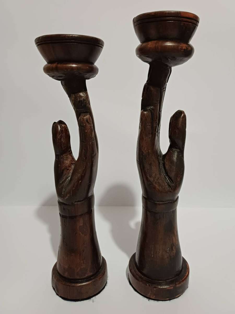 Hand-Carved African Wooden Candle Stands (Pair)