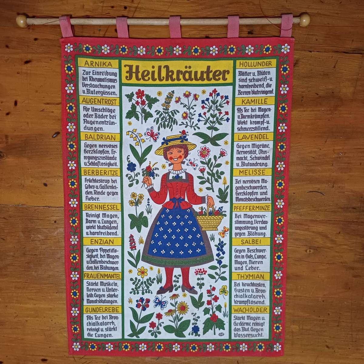 Vintage German Kolf Heilkräuter Herbal Remedies Wall Hanging  Cotton, 55x38cm with Wooden Rod