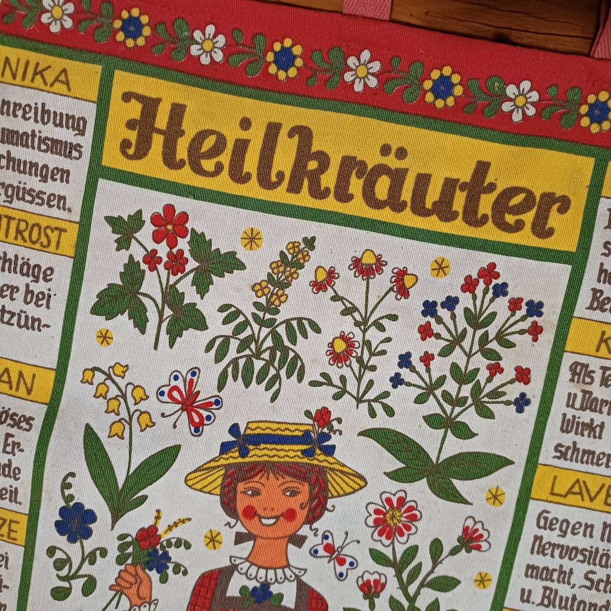 Vintage German Kolf Heilkräuter Herbal Remedies Wall Hanging  Cotton, 55x38cm with Wooden Rod