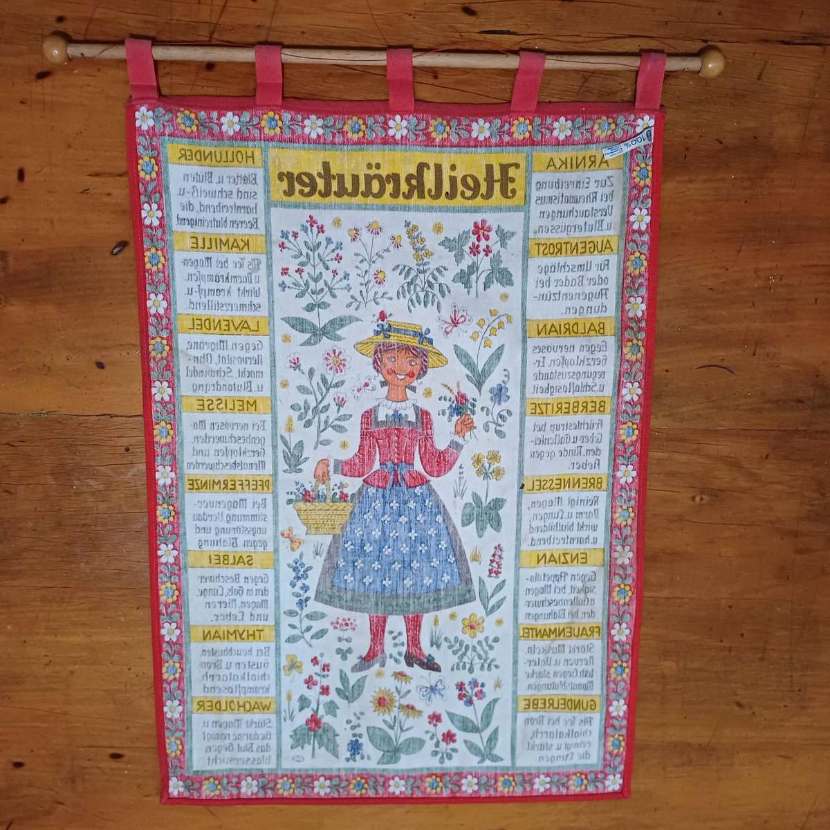 Vintage German Kolf Heilkräuter Herbal Remedies Wall Hanging  Cotton, 55x38cm with Wooden Rod