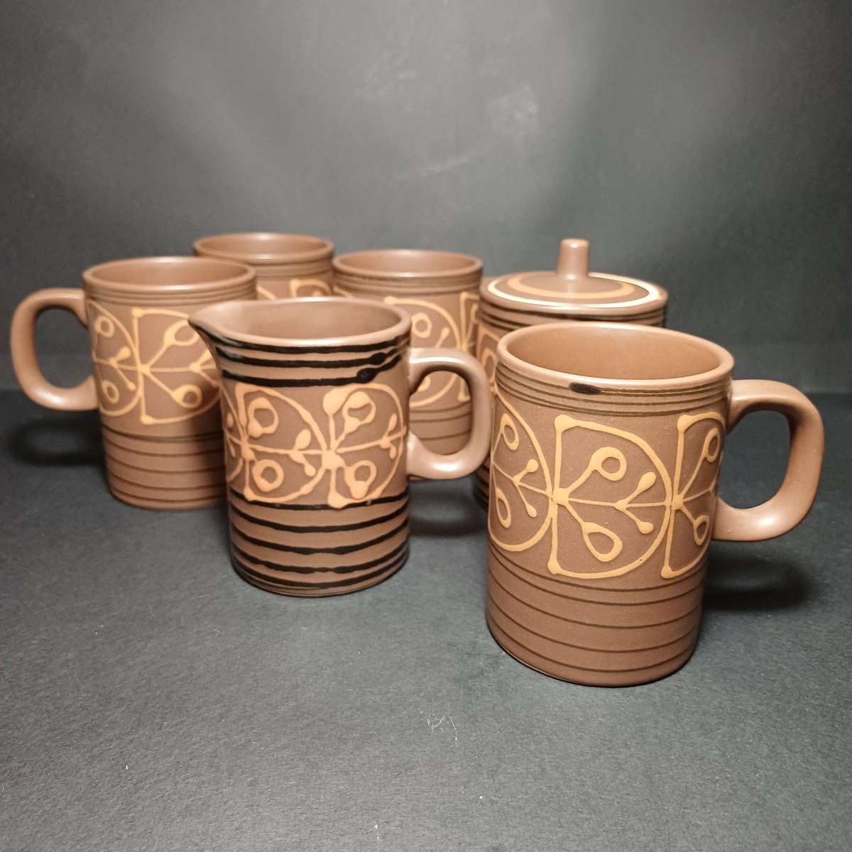 Mikasa Vintage Stoneware mugs, sugar bowl and creamer - brown hand-painted