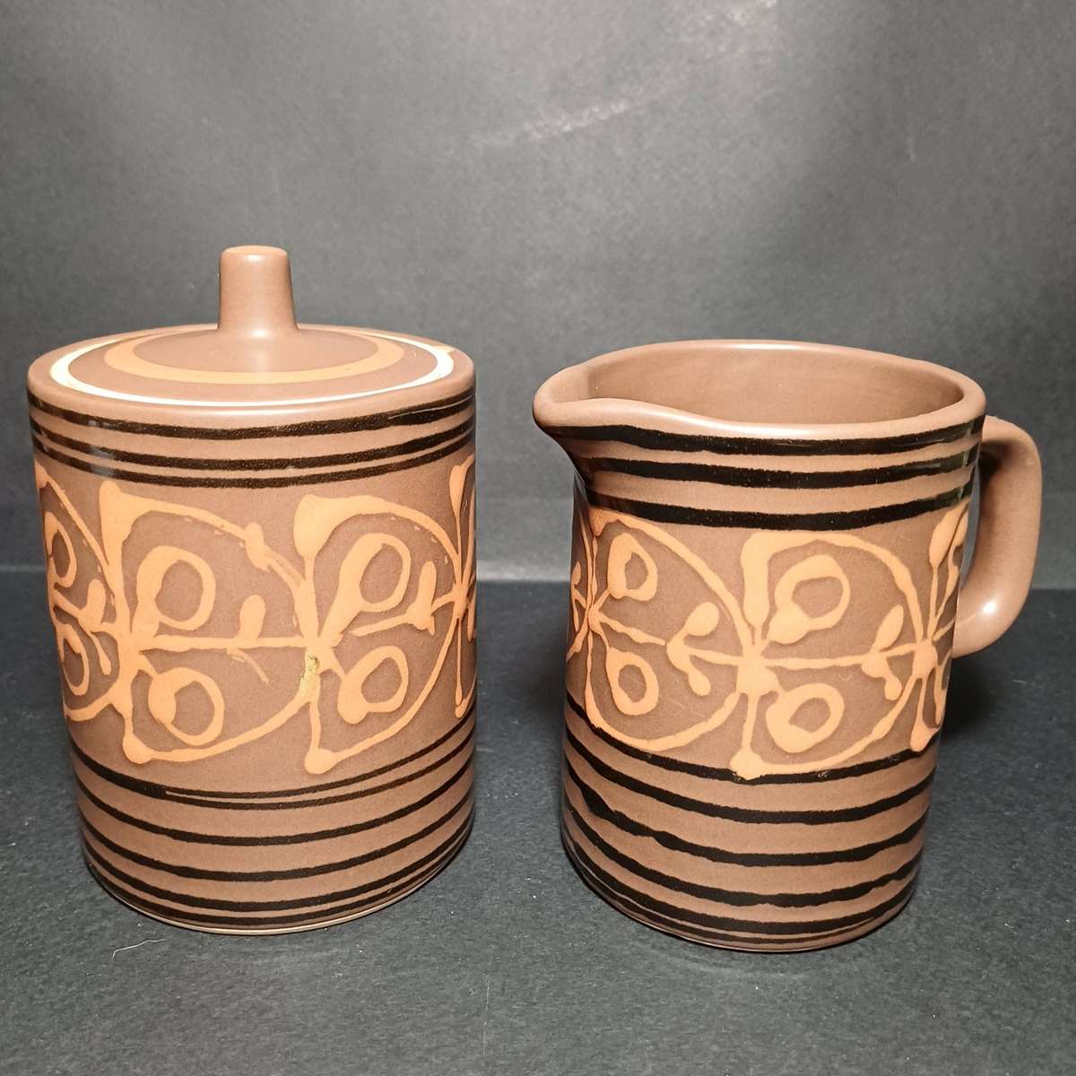 Mikasa Vintage Stoneware mugs, sugar bowl and creamer - brown hand-painted