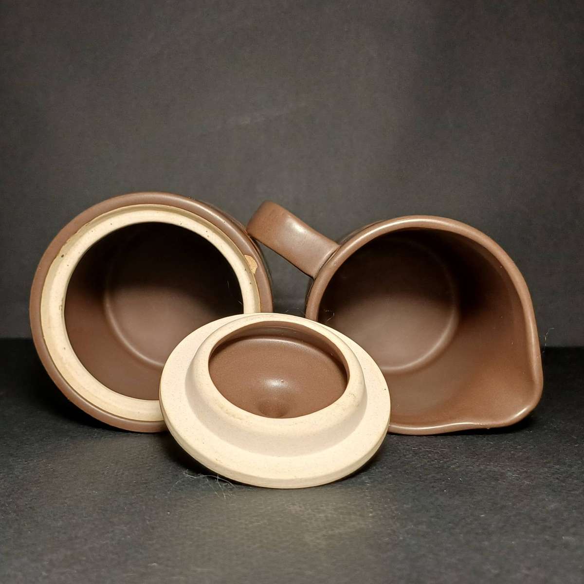 Mikasa Vintage Stoneware mugs, sugar bowl and creamer - brown hand-painted