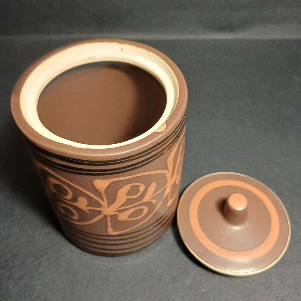 Mikasa Vintage Stoneware mugs, sugar bowl and creamer - brown hand-painted