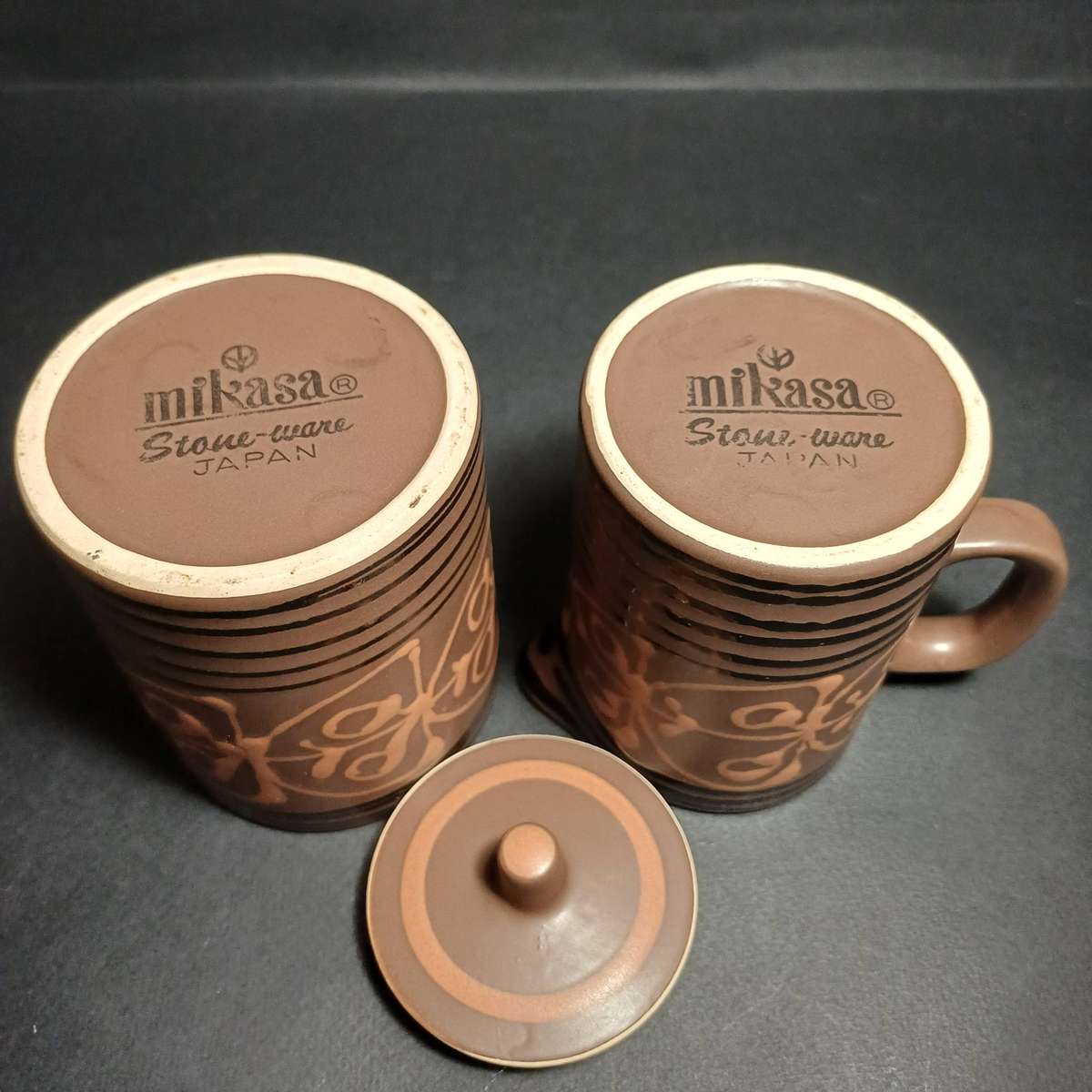 Mikasa Vintage Stoneware mugs, sugar bowl and creamer - brown hand-painted