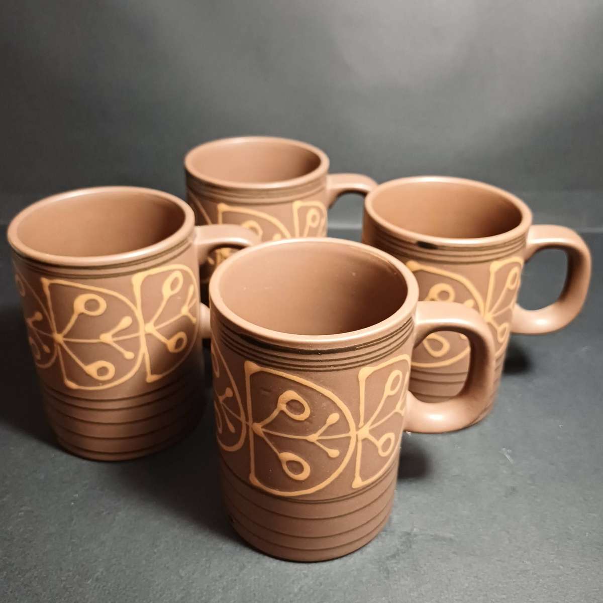 Mikasa Vintage Stoneware mugs, sugar bowl and creamer - brown hand-painted