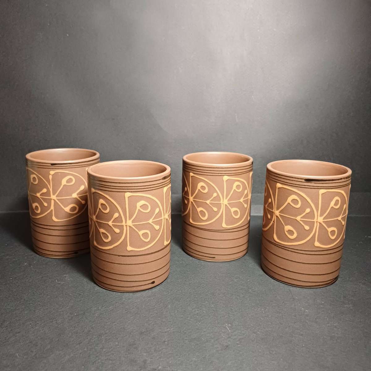 Mikasa Vintage Stoneware mugs, sugar bowl and creamer - brown hand-painted