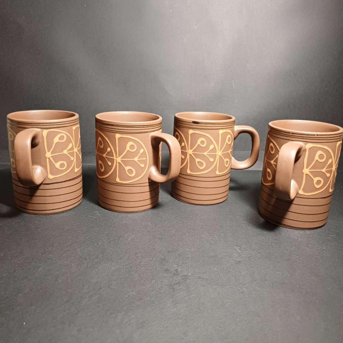 Mikasa Vintage Stoneware mugs, sugar bowl and creamer - brown hand-painted