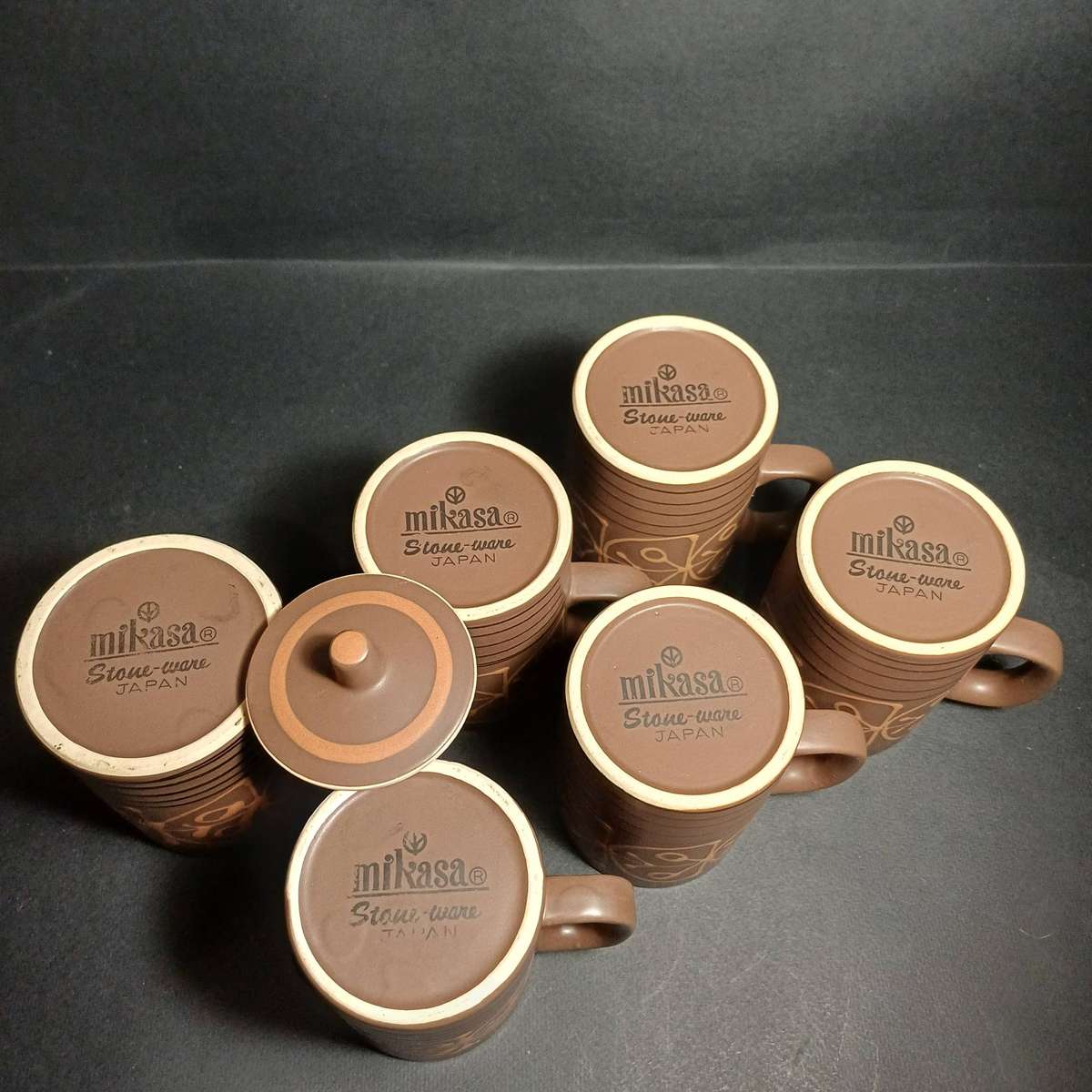 Mikasa Vintage Stoneware mugs, sugar bowl and creamer - brown hand-painted