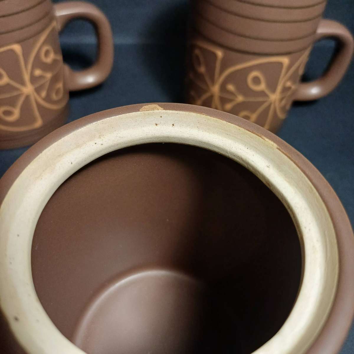 Mikasa Vintage Stoneware mugs, sugar bowl and creamer - brown hand-painted