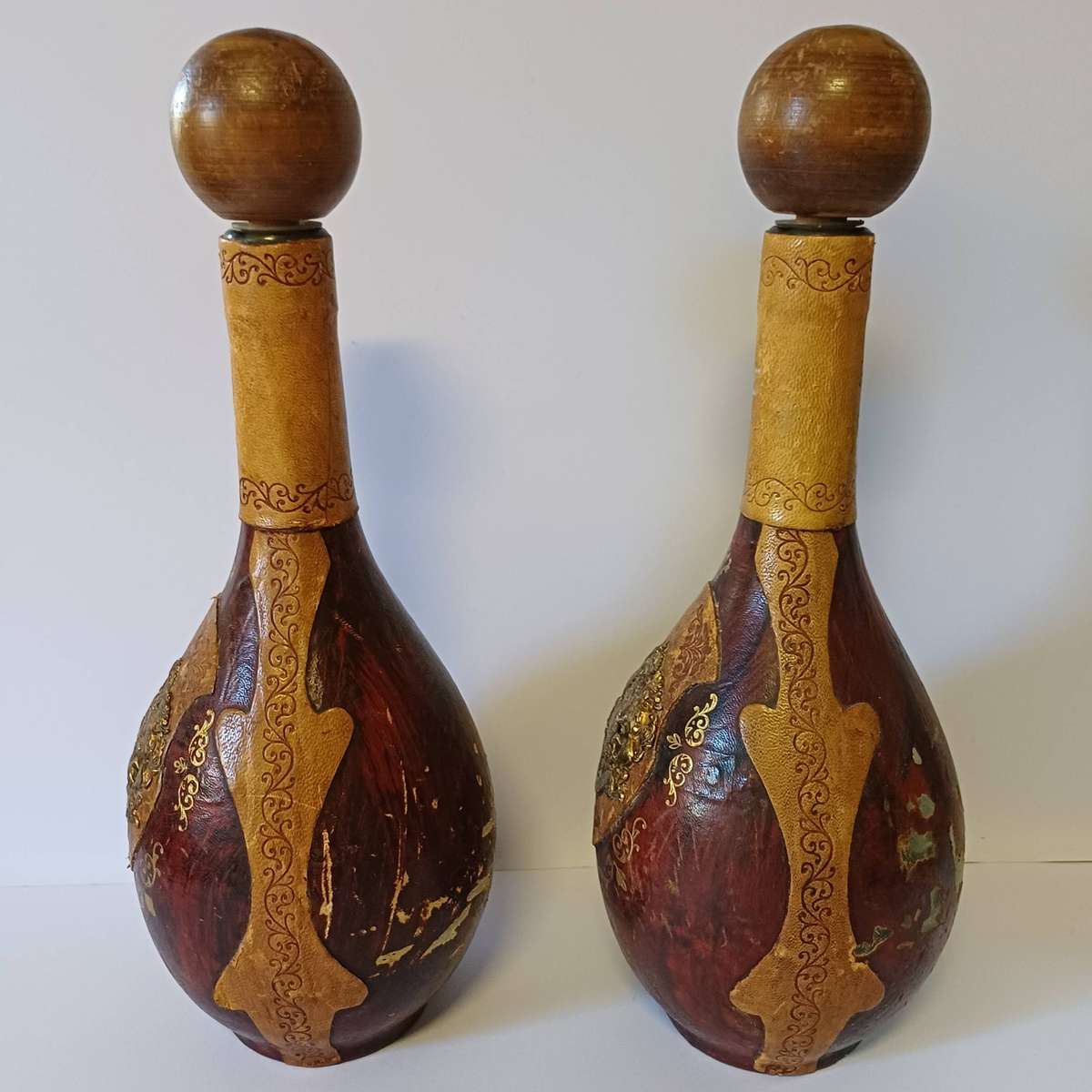 Pair of Leather Bottles - Made in Italy - Brass Crest, MCM Decor