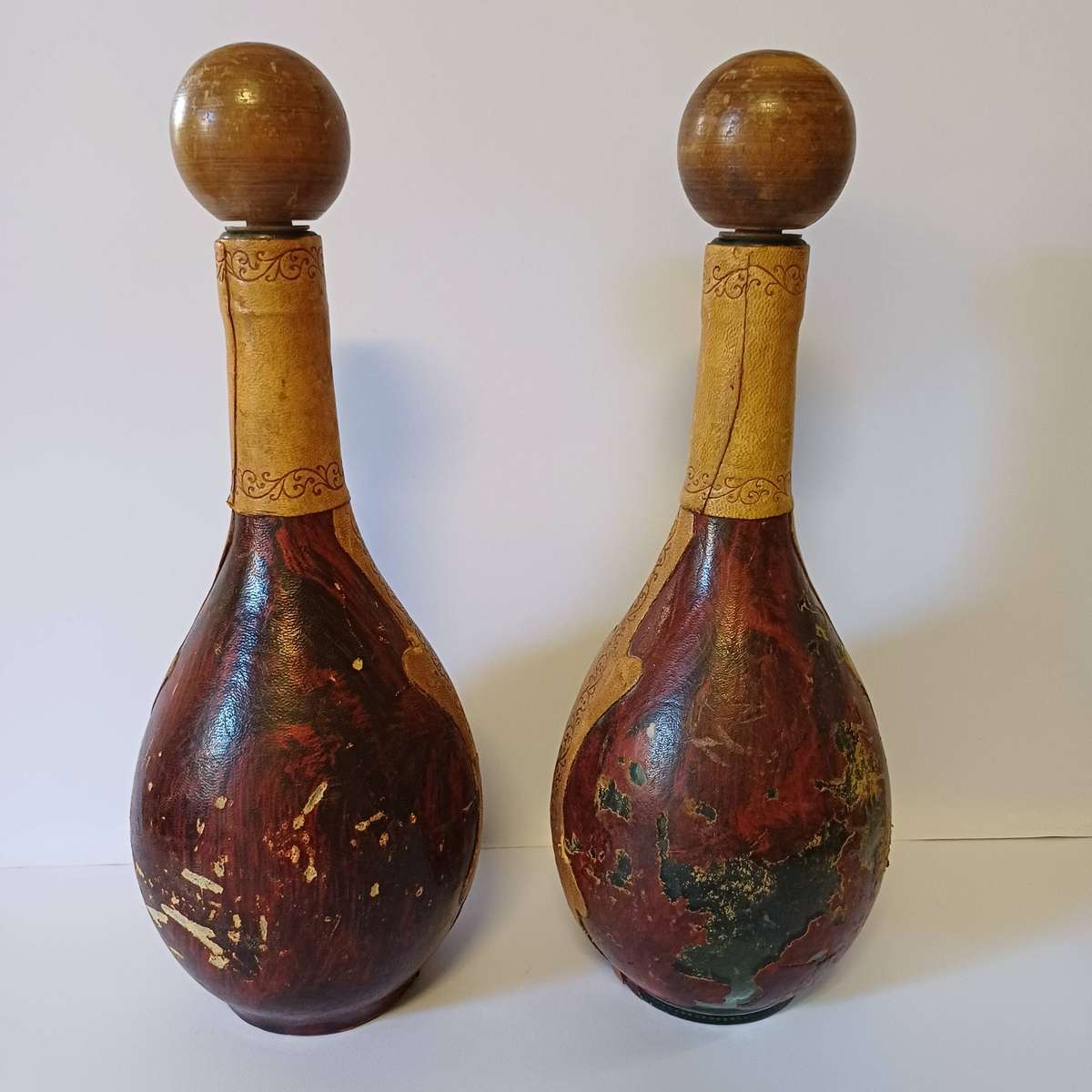 Pair of Leather Bottles - Made in Italy - Brass Crest, MCM Decor
