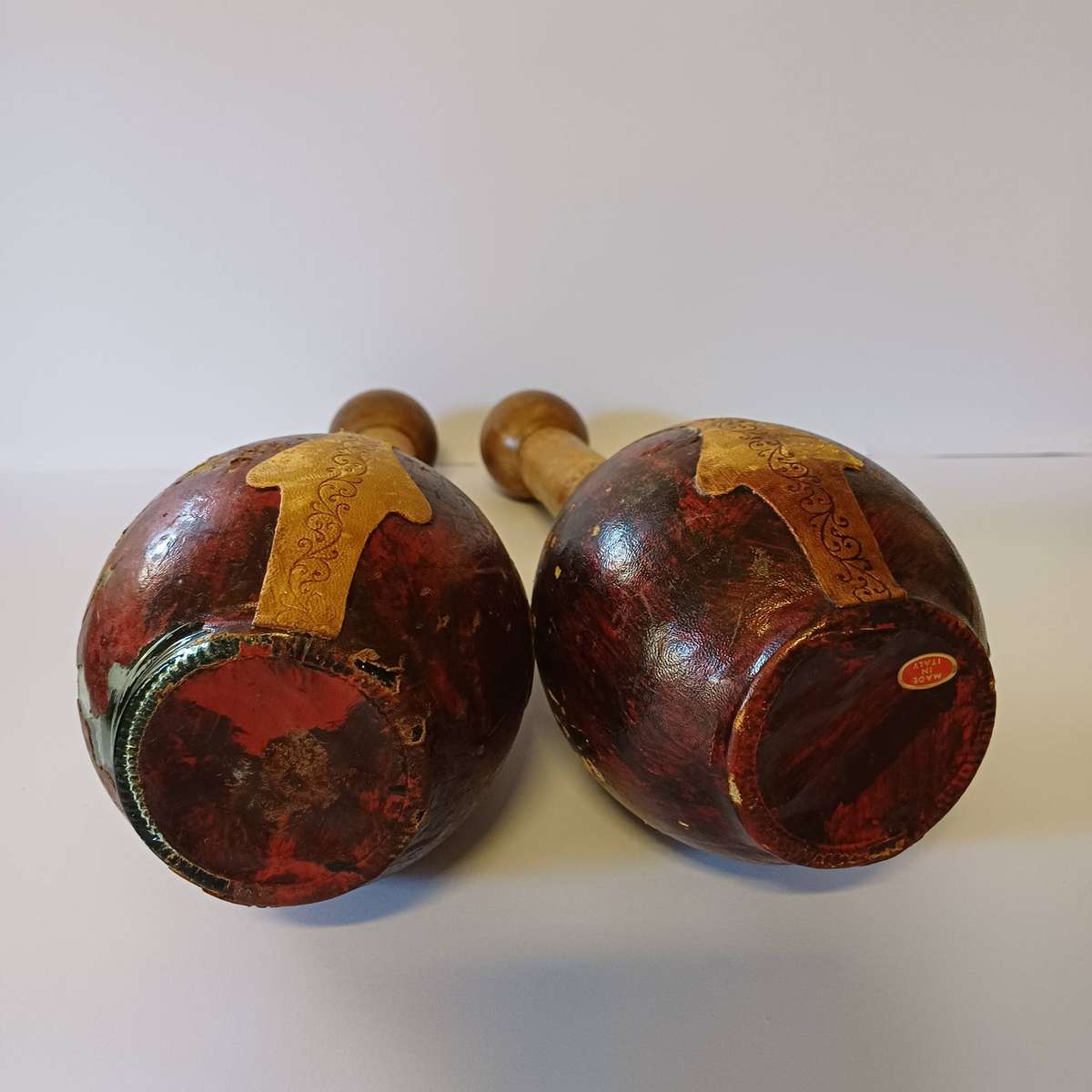 Pair of Leather Bottles - Made in Italy - Brass Crest, MCM Decor