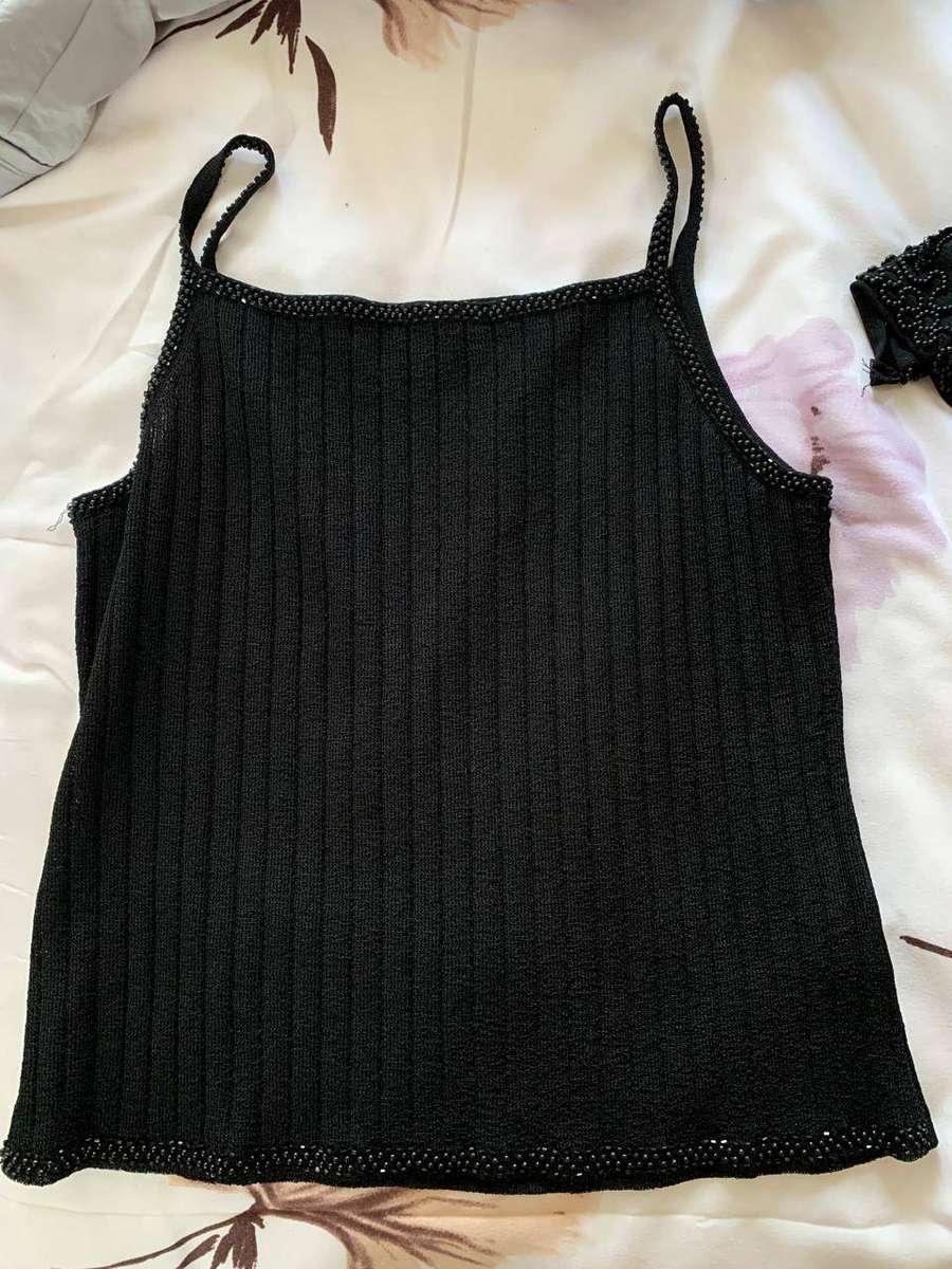Black Ribbed Knit Camisole Top with Beaded Trim XL