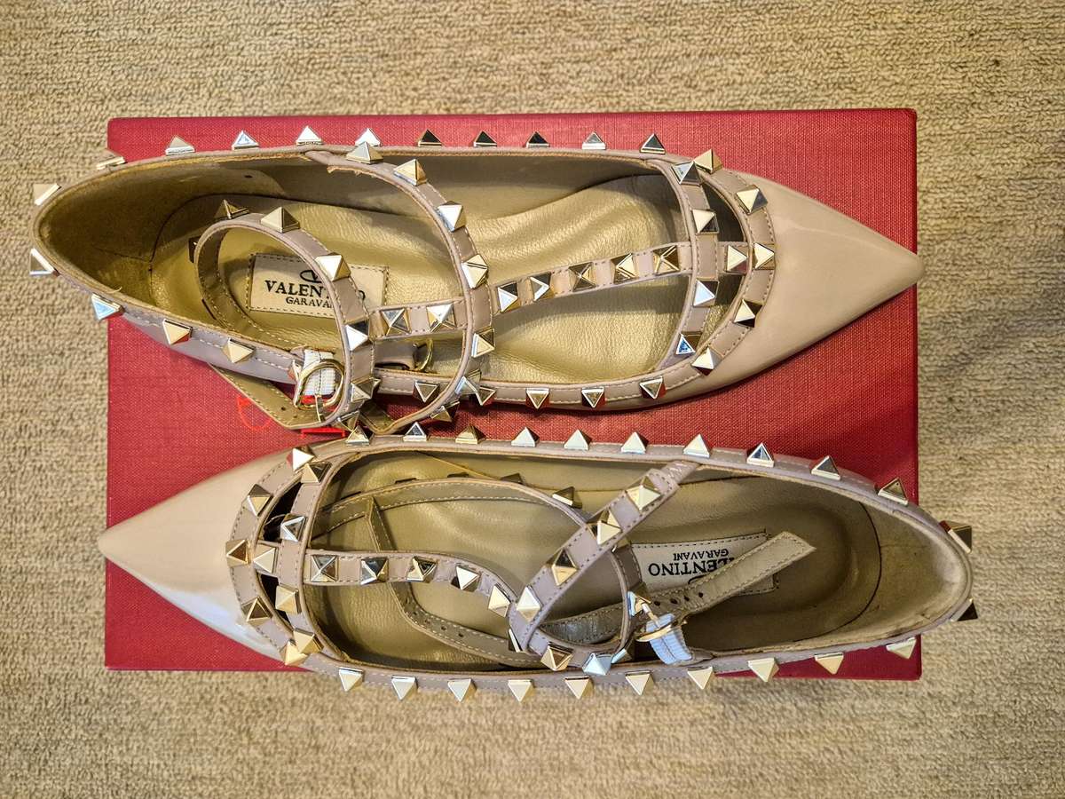 Valentino Blush Pink Patent Leather Rock-stud Ankle Strap Flats