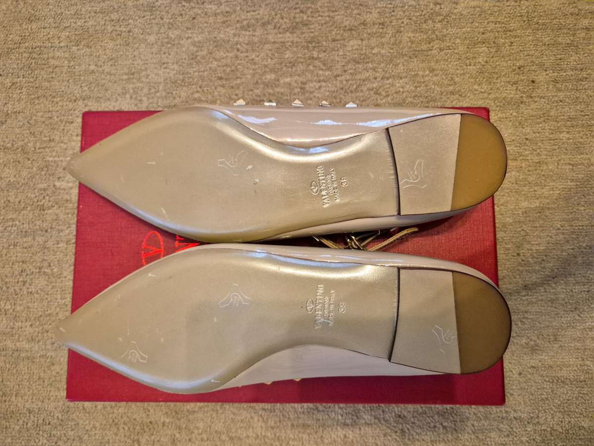 Valentino Blush Pink Patent Leather Rock-stud Ankle Strap Flats