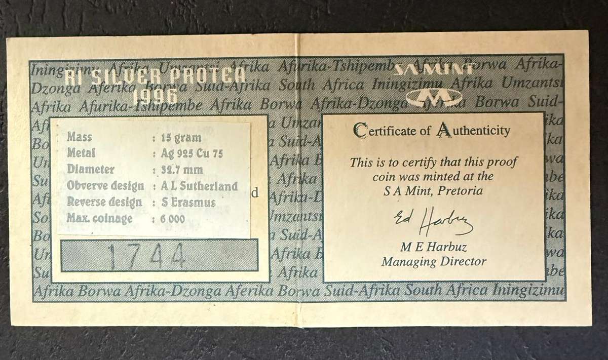 SILVER 1 OUNCE - 1996 Silver Proof R2 Bafana Bafana Cup- Mintage 2690 -with COA in original SAM box
