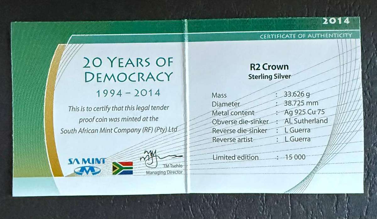 2014 - 20 Years of Democracy - Silver R2 Proof - in original SAM box, with COA